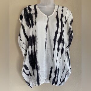 CAbi 100% Silk Black White Stripe Tie Dye V-Neck Dolman Sleeve Blouse Sz S